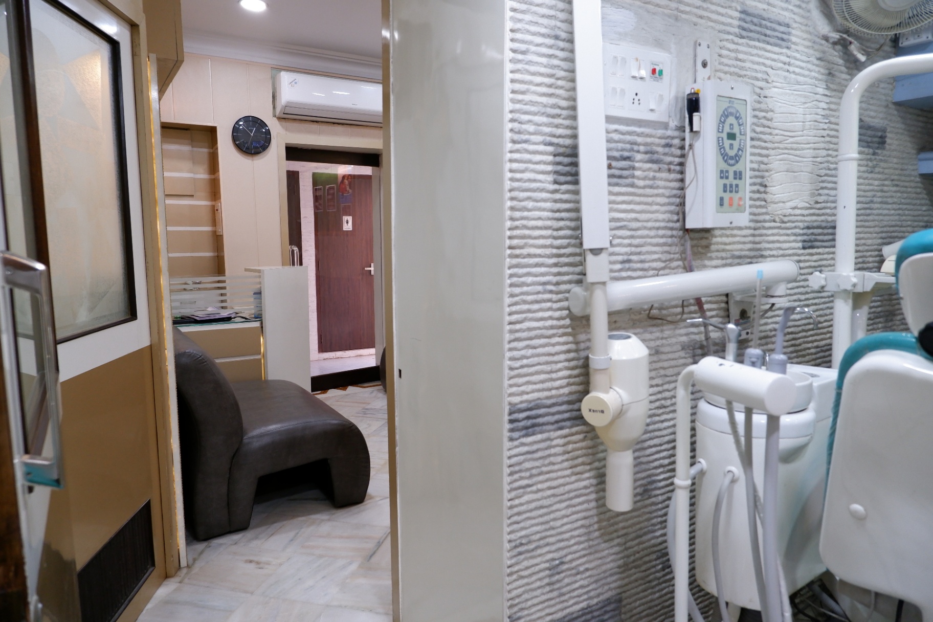View from a dental operatory into the reception area at OroCare Dental Clinic, Bhowanipur